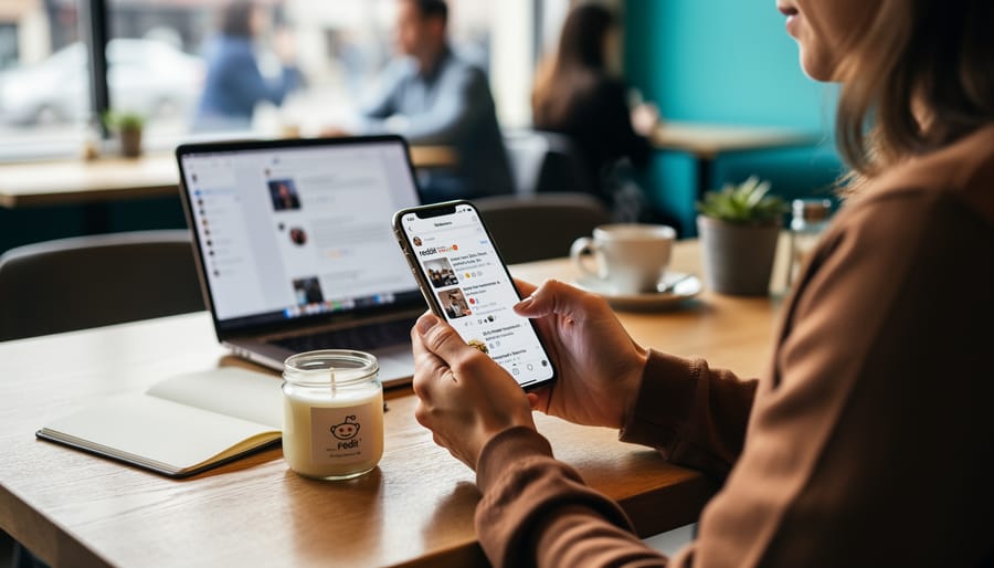 A small-business owner at a café desk holds a smartphone browsing Reddit while a product prototype and notebook sit nearby.