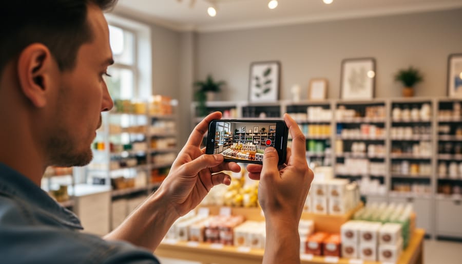Retail owner filming a short-form product video on a smartphone in a store