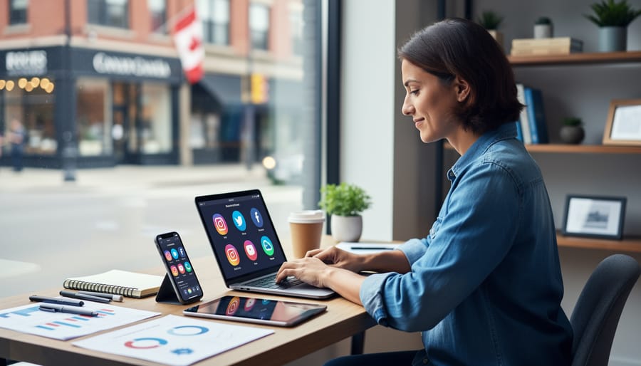 Small business owner working on digital marketing using a laptop and smartphone in a modern Canadian workspace.