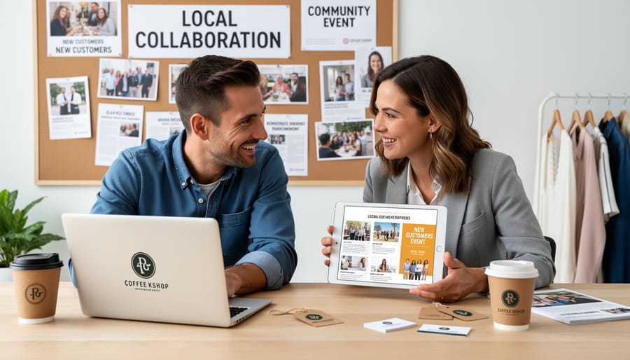 Two small business owners collaborating and exchanging a gift bag with a tablet