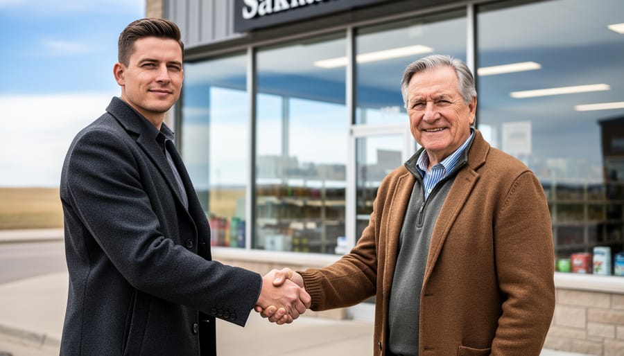 A buyer shaking hands with a business owner outside a Saskatchewan storefront under soft daylight.
