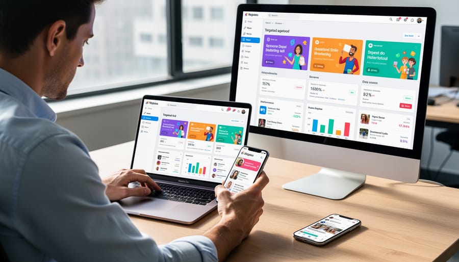 Person managing social media ads using a smartphone and laptop with abstract creative visuals