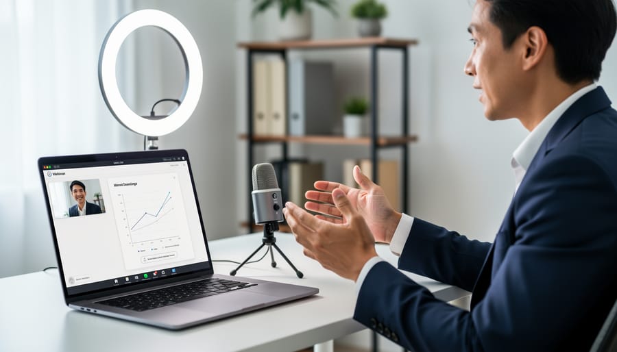 Small business owner speaking on a laptop webcam during a webinar with ring light and headset
